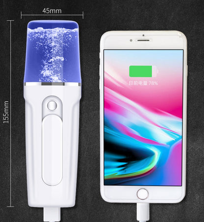 Aparato de belleza facial hidratante con banco de batería recargable por USB.