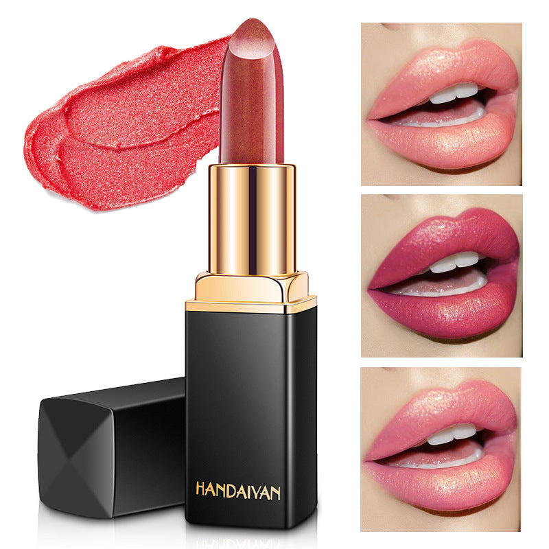 Labial metálico brillante con efecto perlado, labial que cambia de color según la temperatura.