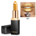 Labial metálico brillante con efecto perlado, labial que cambia de color según la temperatura.