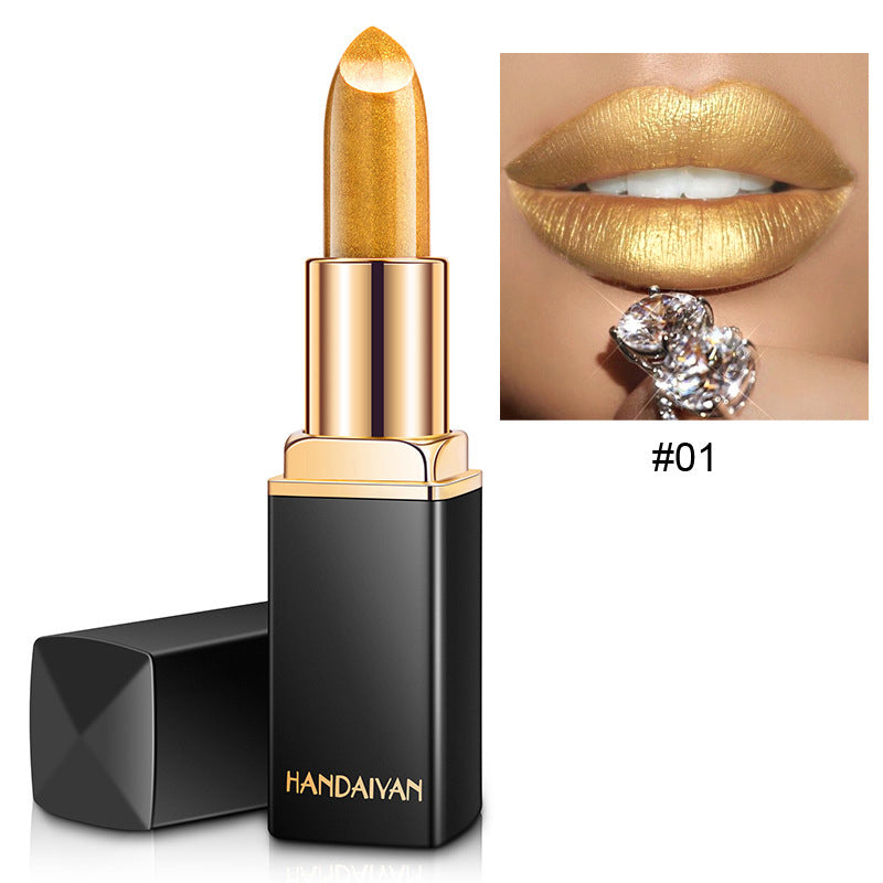 Labial metálico brillante con efecto perlado, labial que cambia de color según la temperatura.
