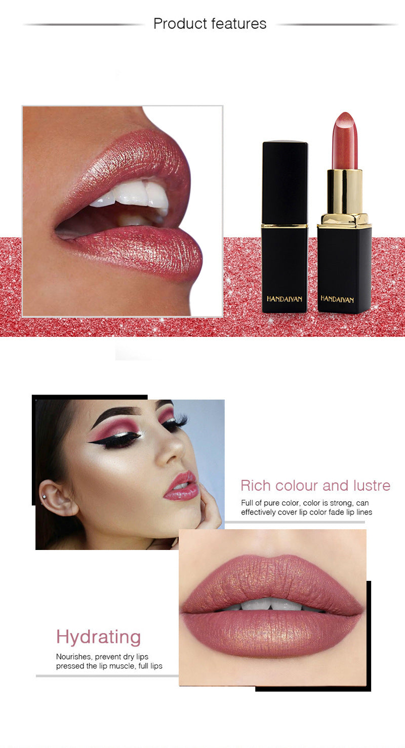 Labial metálico brillante con efecto perlado, labial que cambia de color según la temperatura.