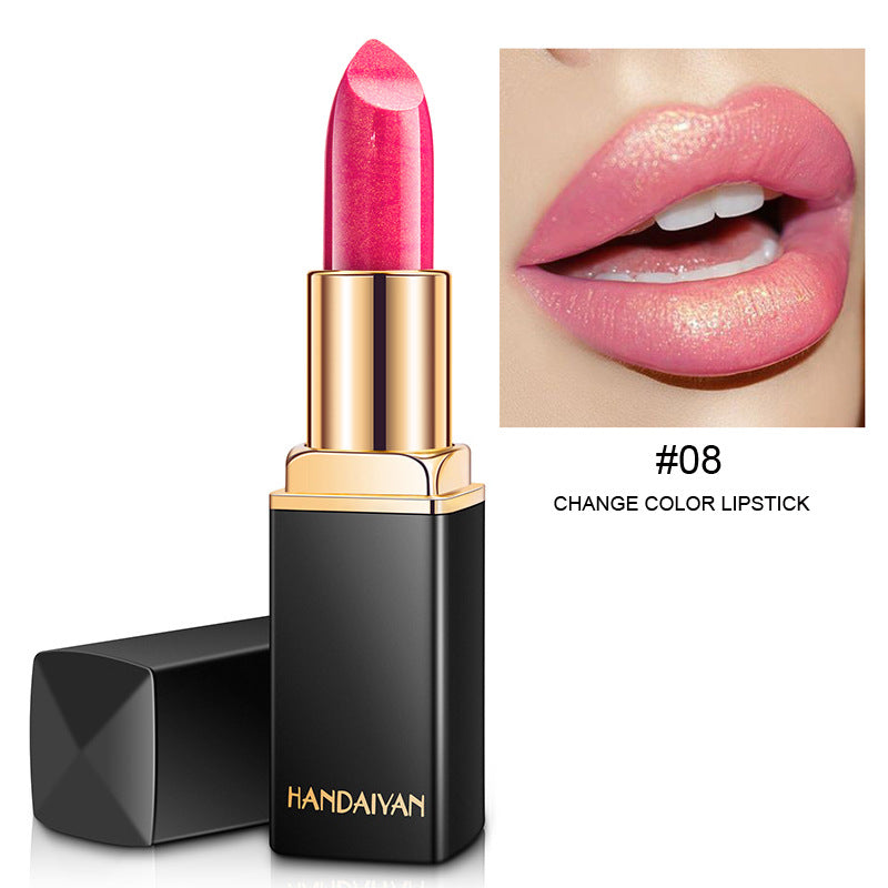Labial metálico brillante con efecto perlado, labial que cambia de color según la temperatura.