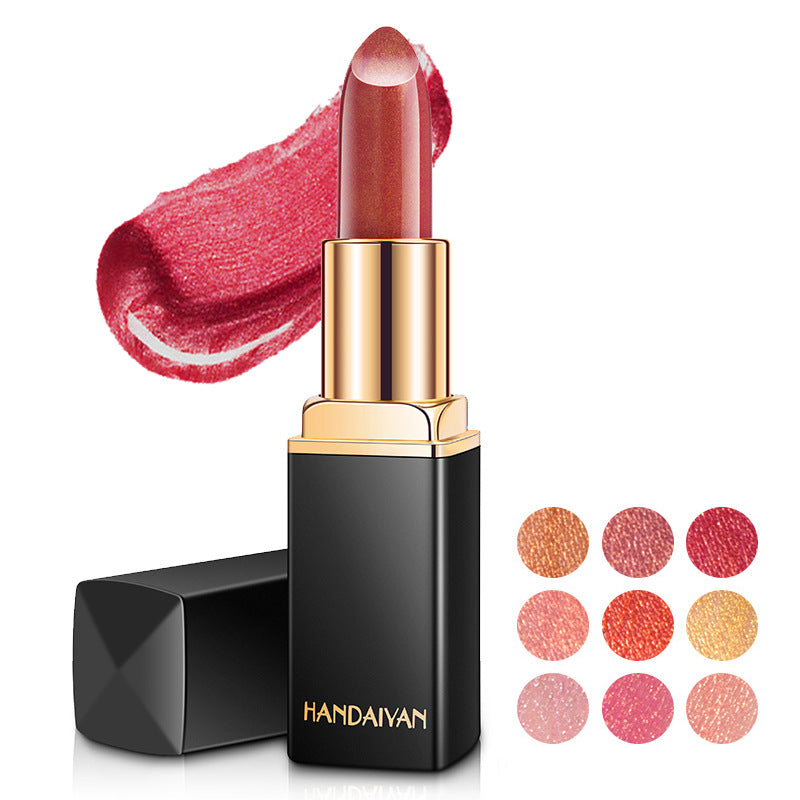 Labial metálico brillante con efecto perlado, labial que cambia de color según la temperatura.