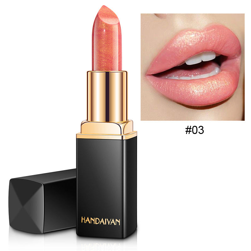 Labial metálico brillante con efecto perlado, labial que cambia de color según la temperatura.