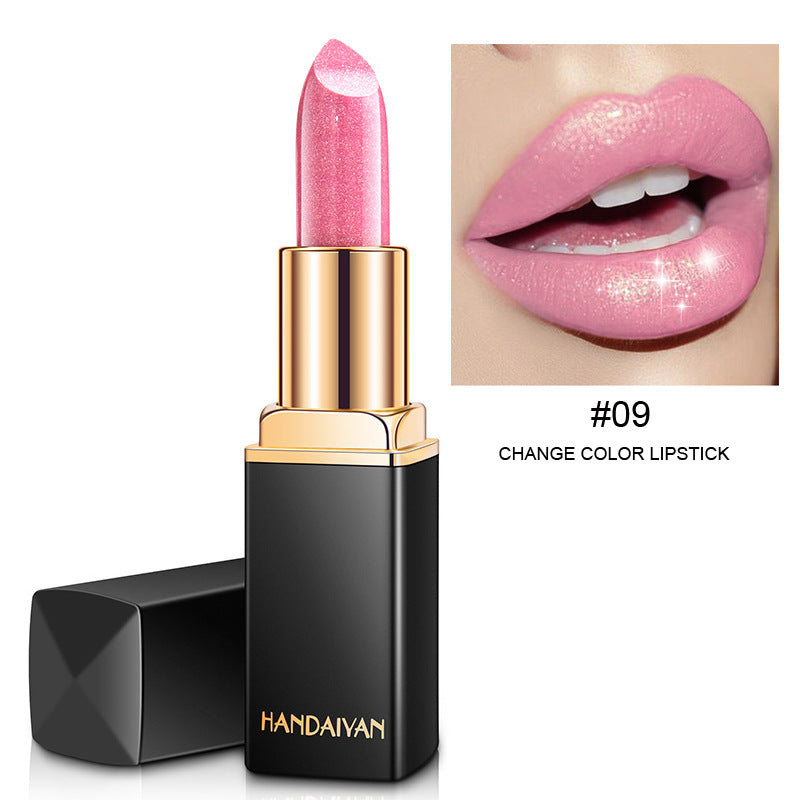 Labial metálico brillante con efecto perlado, labial que cambia de color según la temperatura.