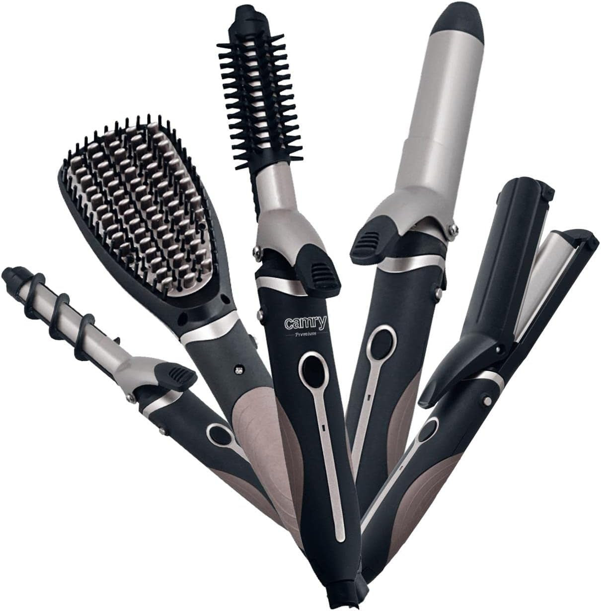 Camry CR2024 Set Cuidado Del Pelo 5 En 1 Plancha Pelo Multifunción, Rizador, Tenacillas, Moldeador, Cepillo Alisador, Revestimiento Cerámico, Todos Los Looks Y Estilos De Peinado Con Un Set